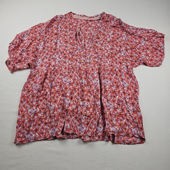 The Unbranded Brand Tops - Blouse Women's Multicolor Floral Size L/XL Smocked Boho Short Sleeve Top